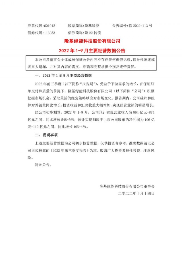隆基綠能：營收或超864億，預計前三季凈利或在106億元-112億元之間