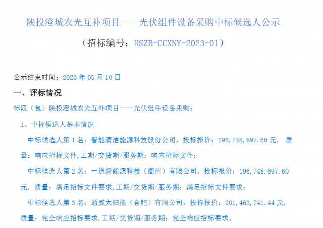 最低1.61元/W！這些企業(yè)擬中標陜投澄城農(nóng)光互補項目組件采購
